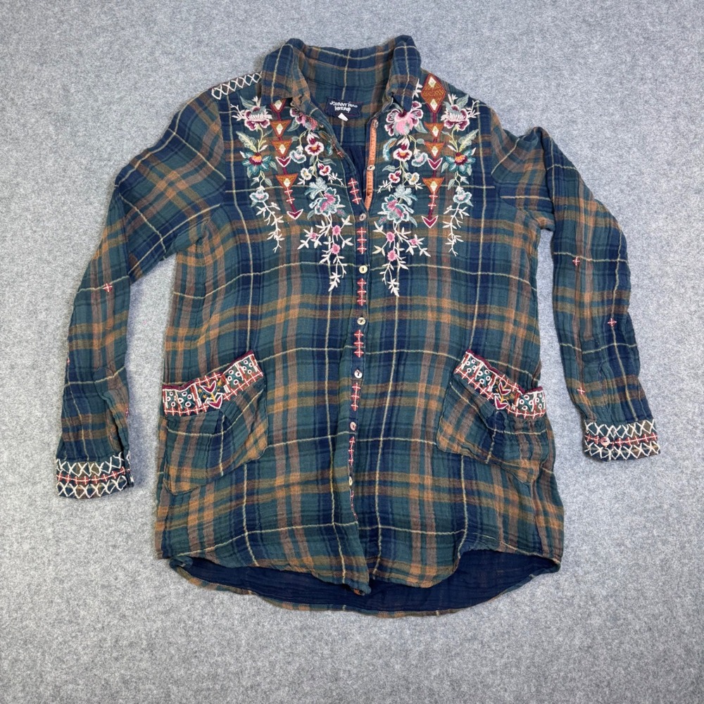 Johnny Was Plaid Flannel Smock Shirt Sz Women's Small Embroidered